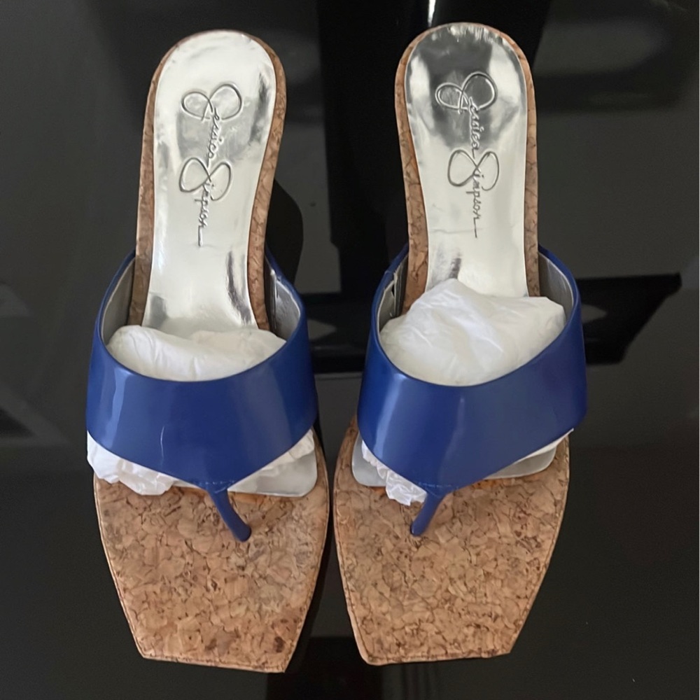 Jessica Simpson Blue Patent leather thong wedges.
